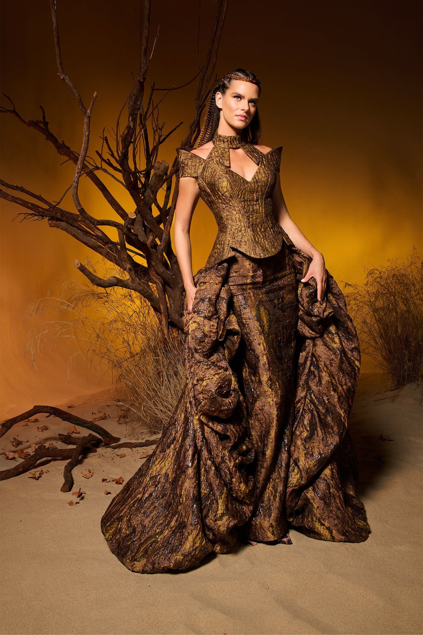 Ophiryne | Metallic Jacquard Sculptural Couture Gown