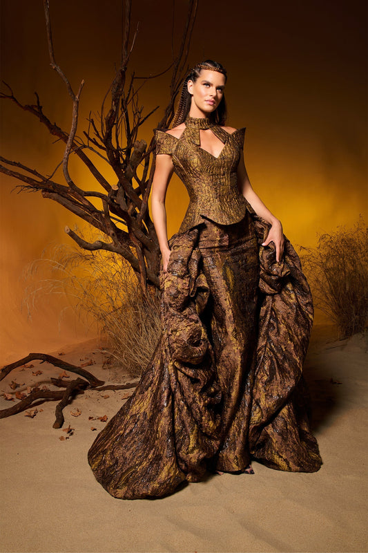 Ophiryne | Metallic Jacquard Sculptural Couture Gown