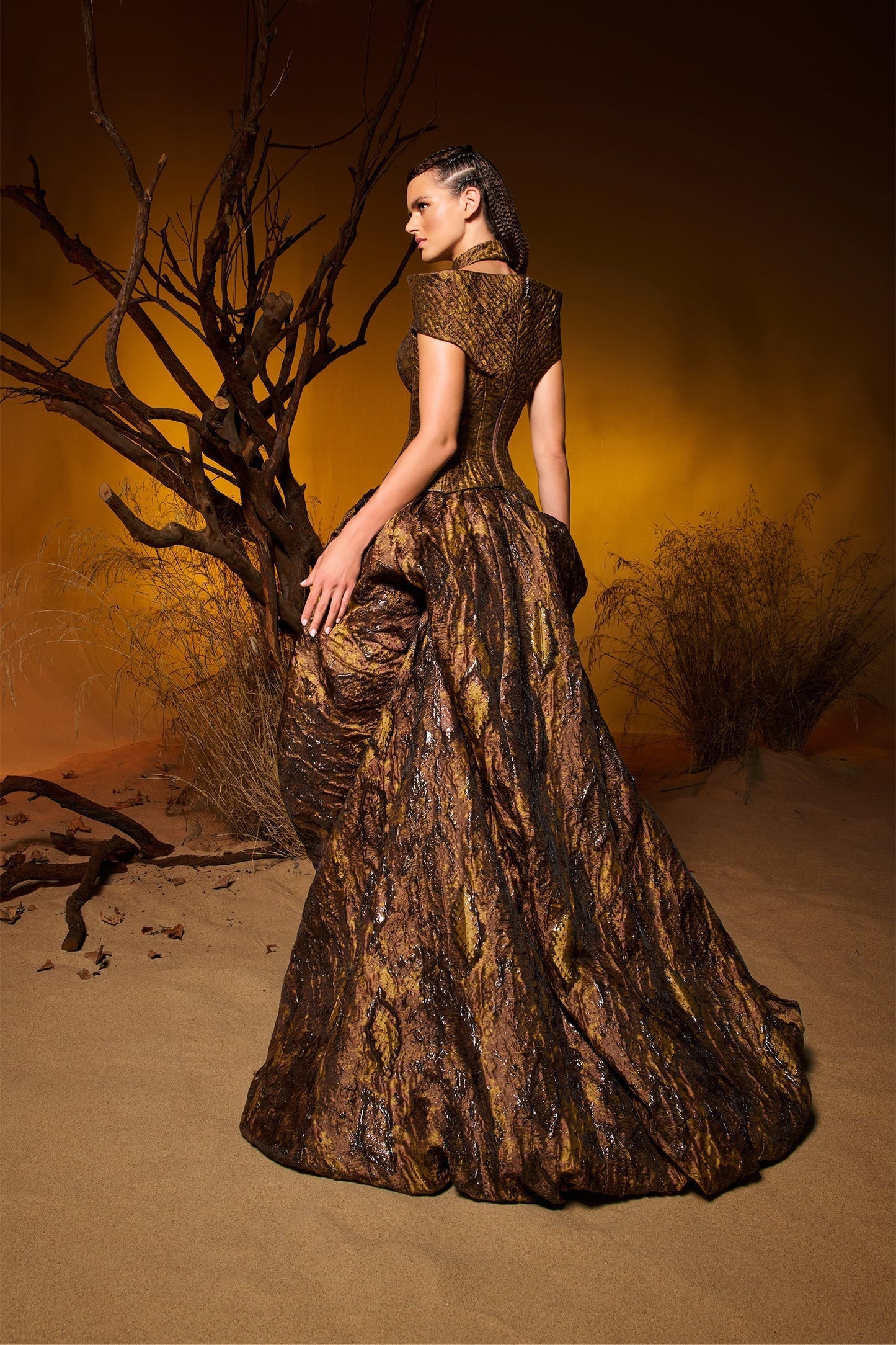 Ophiryne | Metallic Jacquard Sculptural Couture Gown