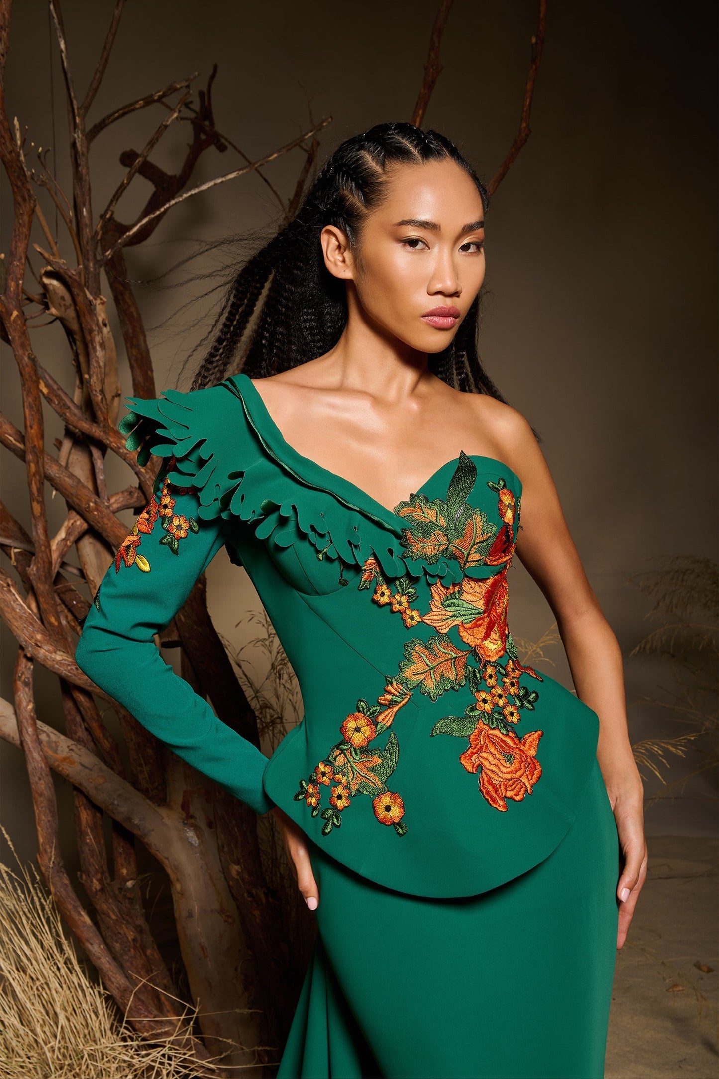 Ophira | Emerald Asymmetric Couture Peplum Gown