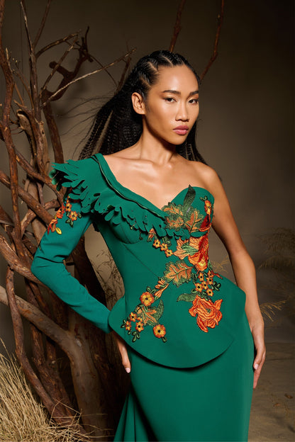 Ophira | Emerald Asymmetric Couture Peplum Gown