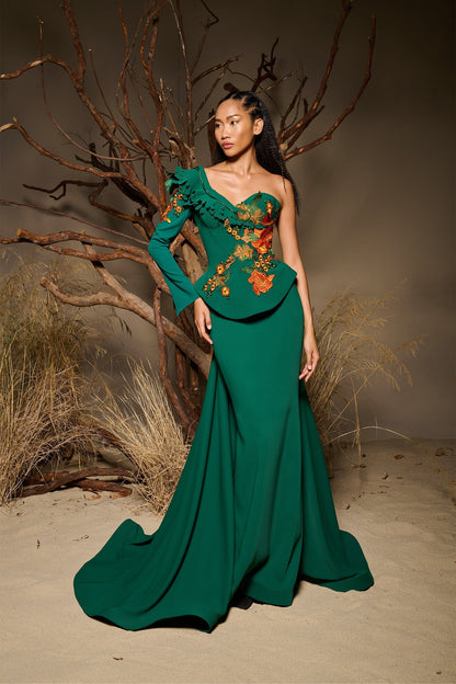 Ophira | Emerald Asymmetric Couture Peplum Gown