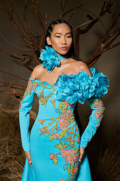 Orlanne | Turquoise Floral Couture Gown